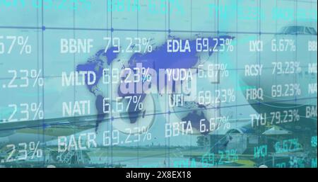 Image of 5g text, financial data processing over world map and plane Stock Photo