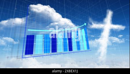 Image of statistical data processing over grid network against clouds in the blue sky Stock Photo