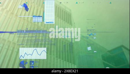 Image of infographic interface over low angle view of buildings against clear sky Stock Photo