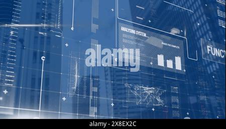 Image of computer language over loading bars, map, graph, texts over low angle view of buildings Stock Photo