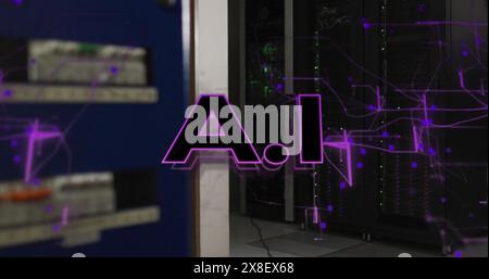 Image of ai text and network of connections over server room Stock Photo