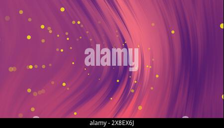 Image of yellow spots floating over abstract pink light trails against purple background Stock Photo