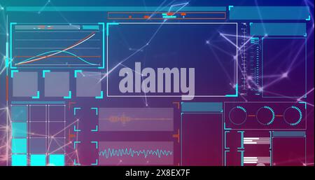Image of interface with data processing and plexus networks against purple gradient background Stock Photo