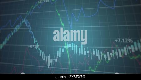 Image of multiple graphs with changing numbers over grid pattern against blue background Stock Photo