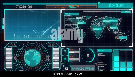 Image of interface with spinning globe, world map and data processing ...