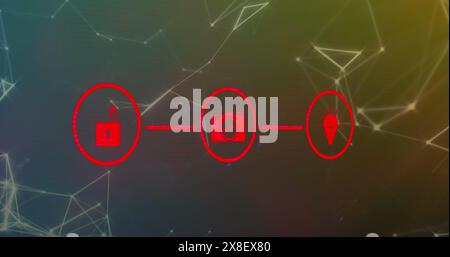 Image of network of digital icons and plexus networks against gradient background Stock Photo
