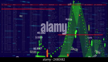 Image of multiple changing numbers and financial data processing against blue background Stock Photo