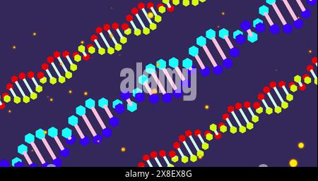 Image of yellow spots over dna structures spinning against blue background Stock Photo