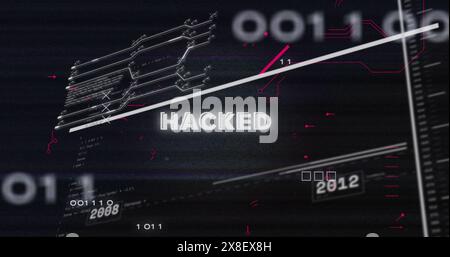 Image of hacked text, numbers, circuit board pattern and computer language on black background Stock Photo