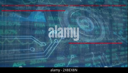 Image of interface with round scanner and stock market data processing against tall buildings Stock Photo