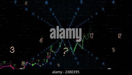 Image of numbers and alphabets floating over financial data processing against black background Stock Photo