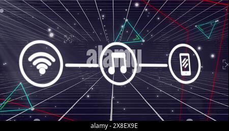 Image of network of digital icons and plexus networks over grid network on blue background Stock Photo