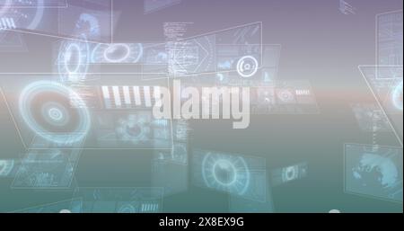 Image of multiple round scanners and data processing against gradient background Stock Photo