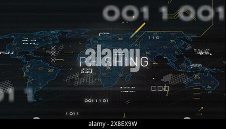 Image of circuit board pattern around phishing text over map against black background Stock Photo
