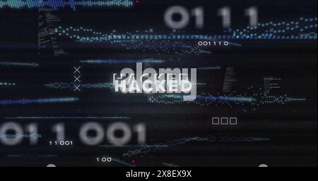 Image of hacked text, circuit board pattern over soundwaves and computer language Stock Photo