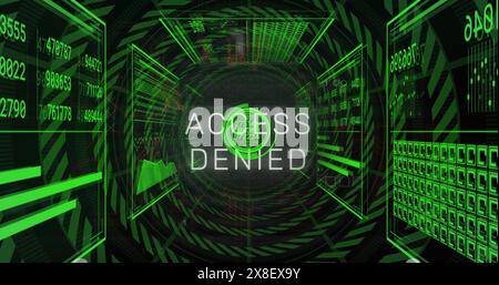 Image of access denied text, changing numbers in circles, loading bars against black background Stock Photo