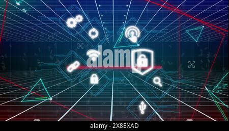 Image of digital icons and plexus networks over grid network on blue background Stock Photo