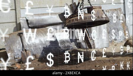 Image of interface with multiple currency symbols against magnet cranes in operation at junkyard Stock Photo