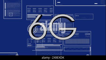 Image of 6g text banner over interface with data processing against blue background Stock Photo