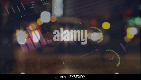 Blurred city lights at night with overlaid digital graphs and data visualizations Stock Photo