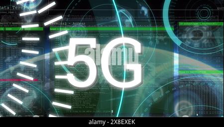 Image of 5g text and scopes and data processing over globe Stock Photo