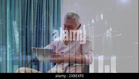 Image of statistical data processing over caucasian man using tablet sitting on chair at home Stock Photo