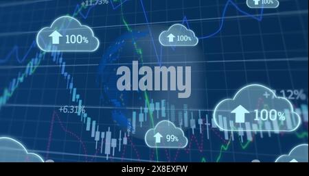 Image of clouds with percent and data processing over globe Stock Photo