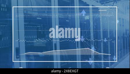 Image of computer language and graph over data server racks Stock Photo