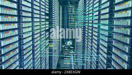 Image of computer language and grid over data server racks Stock Photo