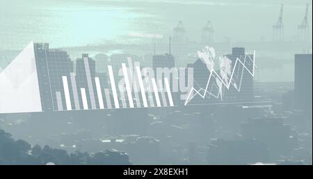 Image of graphs, loading bars and map over modern cityscape against cloudy sky Stock Photo