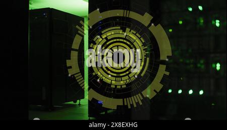 Image of multiple round scanners spinning against computer server room Stock Photo