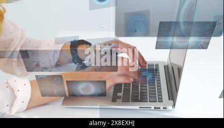 Image of radars, circles and globes over midsection of caucasian woman working on laptop Stock Photo