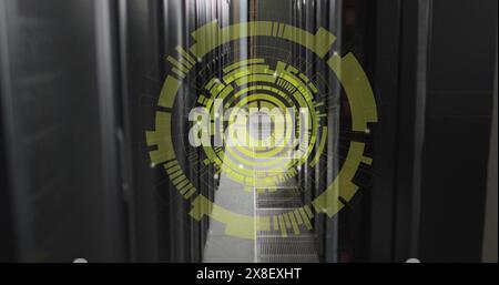 Image of multiple round scanners spinning against computer server room Stock Photo