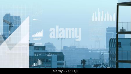 Image of multiple graphs, map and loading bar over modern buildings against sky Stock Photo