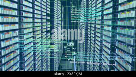 Image of computer language and grid over data server racks Stock Photo