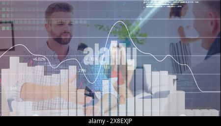 Image of graphs and computer language over caucasian male partners shaking hands in office Stock Photo