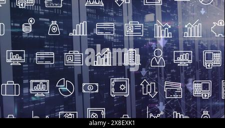 Image of interface with digital icons and mosaic squares against computer server room Stock Photo