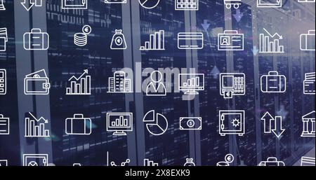 Image of interface with digital icons and mosaic squares against computer server room Stock Photo