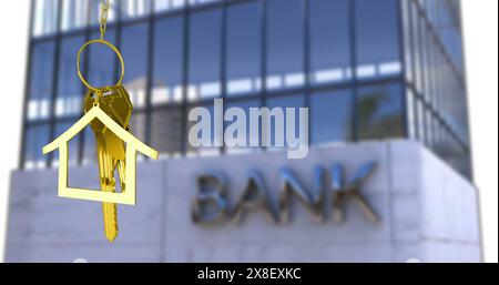 Image of key in house keychain over bank text on modern building Stock Photo