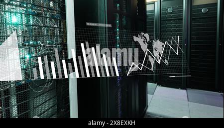 Image of interface with data processing against computer server room Stock Photo