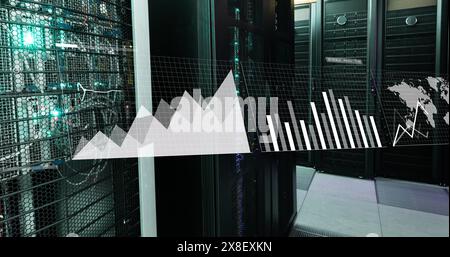 Image of interface with data processing against computer server room Stock Photo
