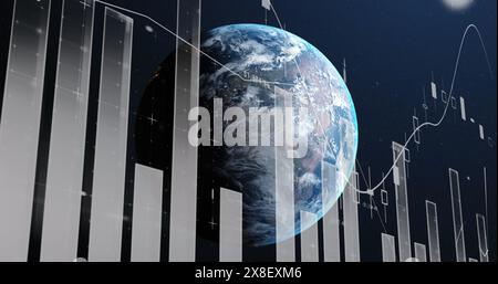 Image of multiple graphs with changing numbers over rotating globe against space Stock Photo