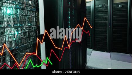 Image of statistical data processing against computer server room Stock Photo
