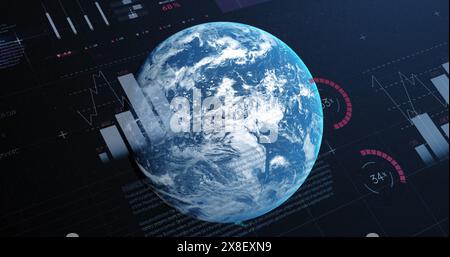 Image of multicolored infographic interface over rotating globe against space Stock Photo