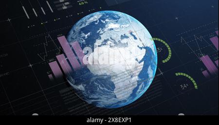 Image of multicolored infographic interface over rotating globe against space Stock Photo