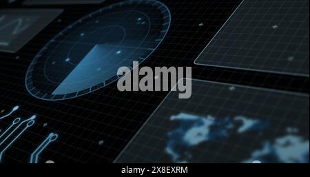 Image of radar, map and computer language with circuit board pattern over black background Stock Photo