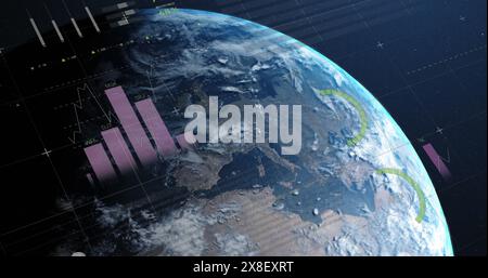 Image of multicolored infographic interface over rotating globe against space Stock Photo