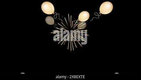 Image of balloons and fireworks display against black background Stock Photo