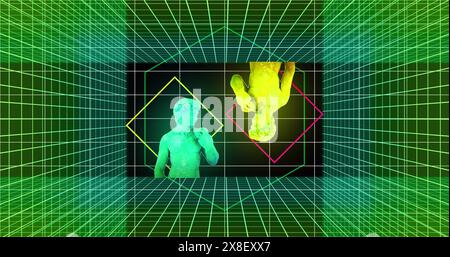 Image of multicolored glitched male statue with rhombuses over grid pattern on black background Stock Photo