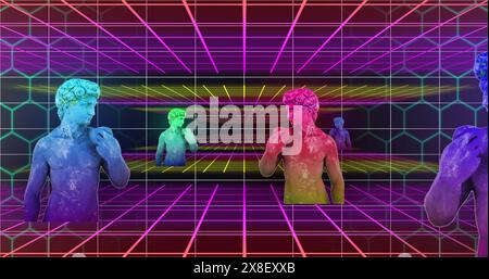 Image of multicolored glitched male statues with grid pattern against abstract background Stock Photo